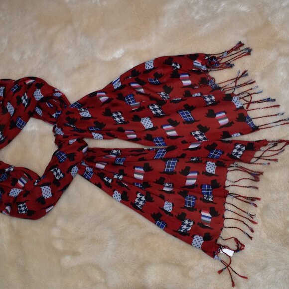 Talbots Red Scotty Dog Fringe Scarf 80x20 Holiday Festive Viscose Wrap - Picture 5 of 6